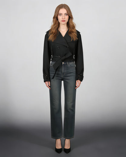 Black Cropped Trench Coat with Belted Waist