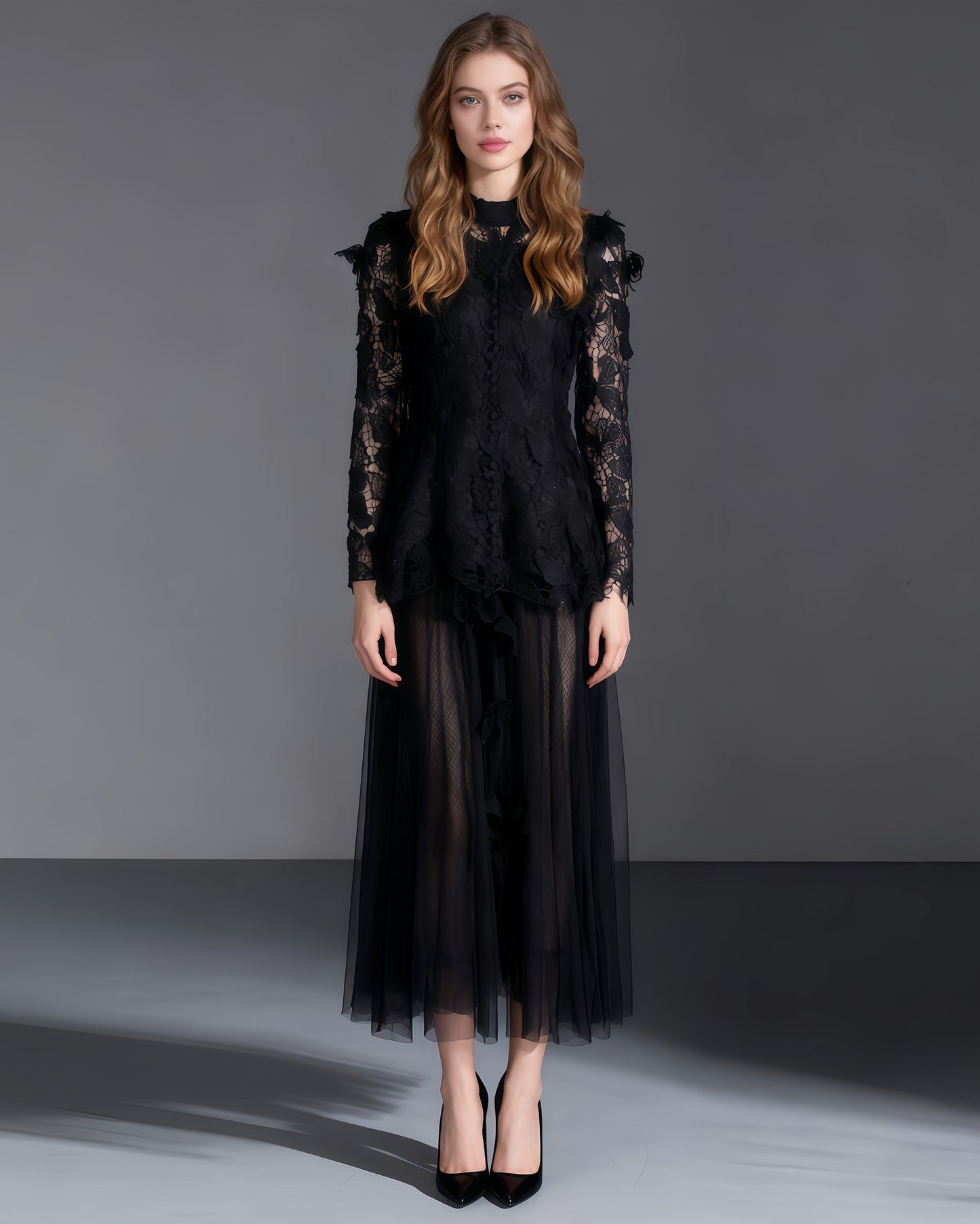 Black Lace Top & Tulle Skirt Two-Piece Set