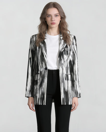 Black & White Abstract Print Single-Button Blazer