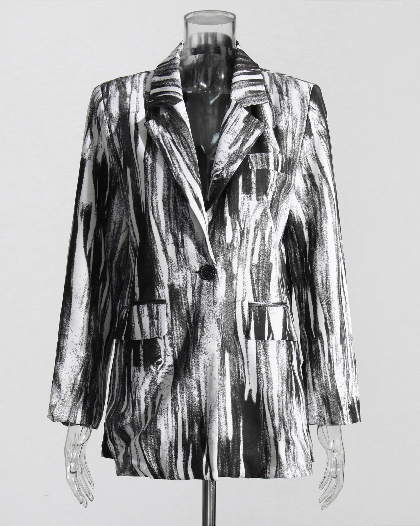 Black & White Abstract Print Single-Button Blazer