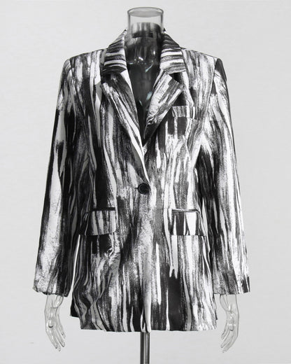 Black & White Abstract Print Single-Button Blazer