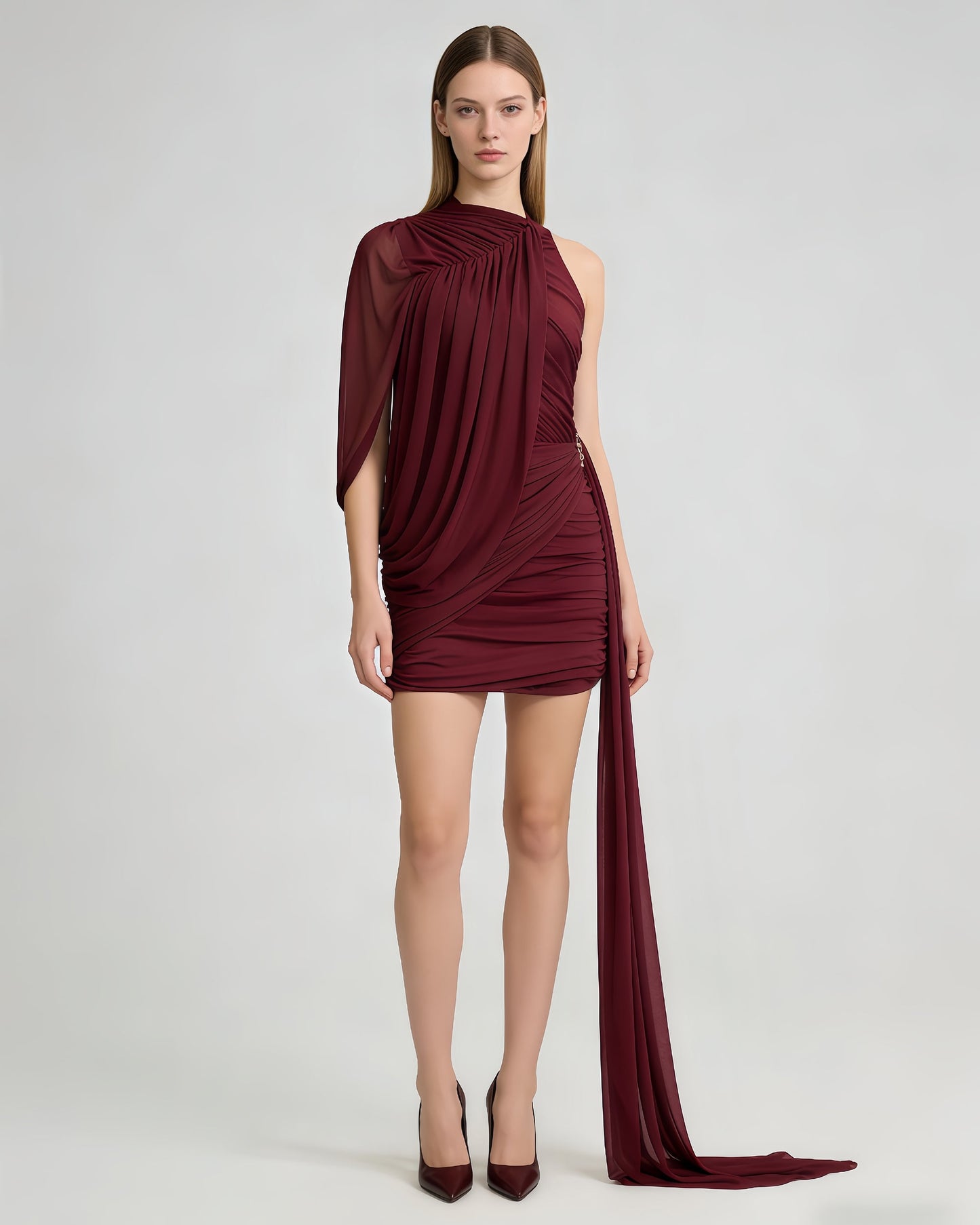 Burgundy One-Shoulder Draped Ruched Mini Dress