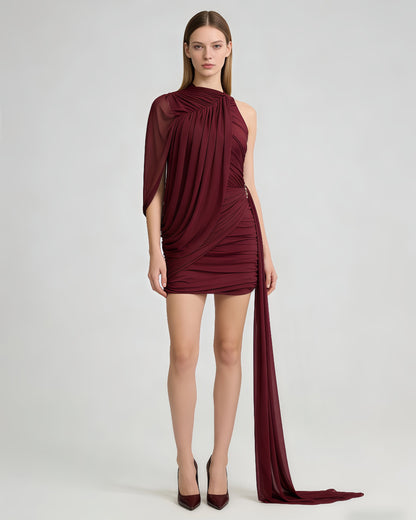 Burgundy One-Shoulder Draped Ruched Mini Dress