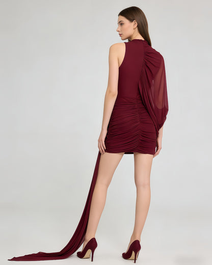 Burgundy One-Shoulder Draped Ruched Mini Dress