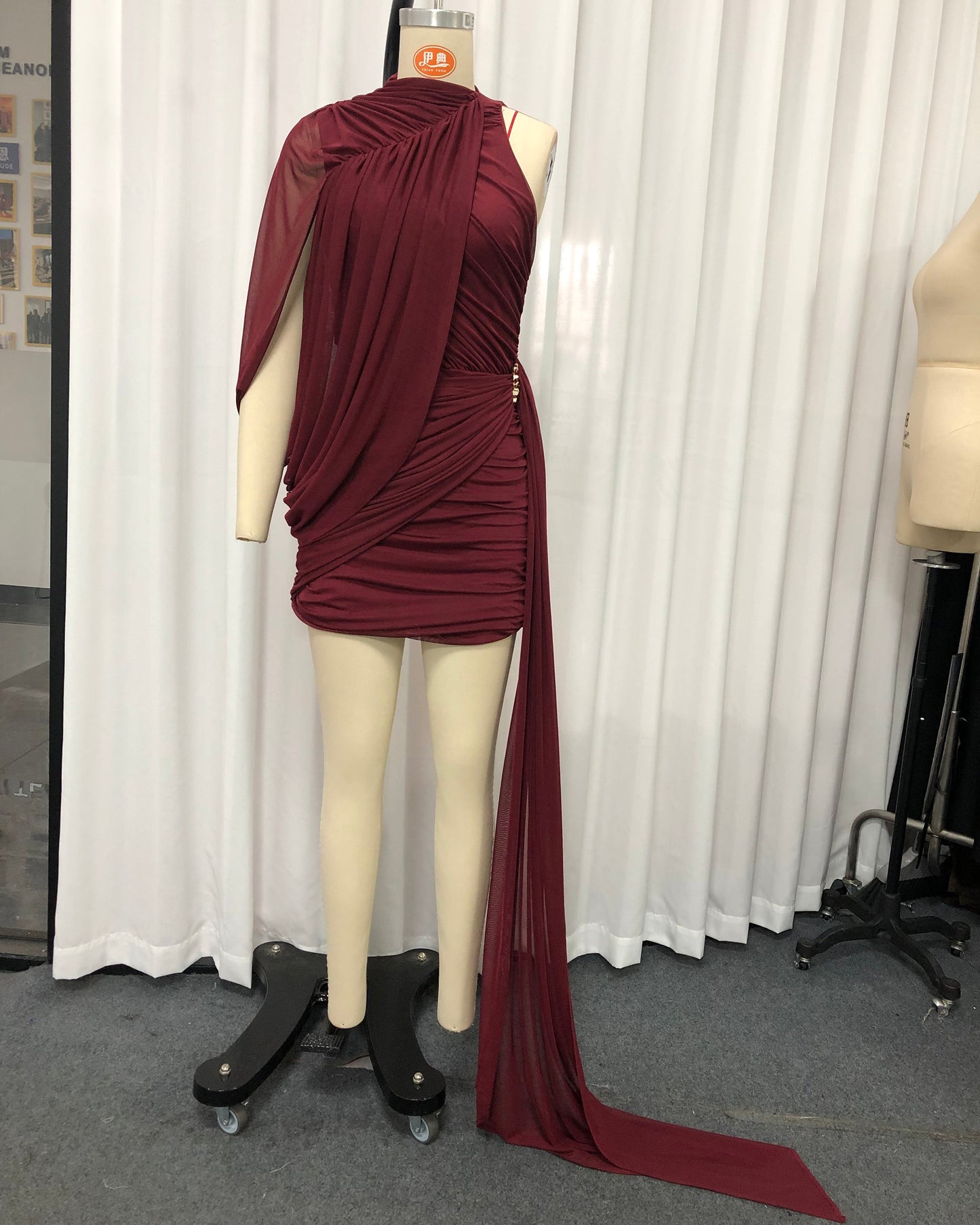 Burgundy One-Shoulder Draped Ruched Mini Dress