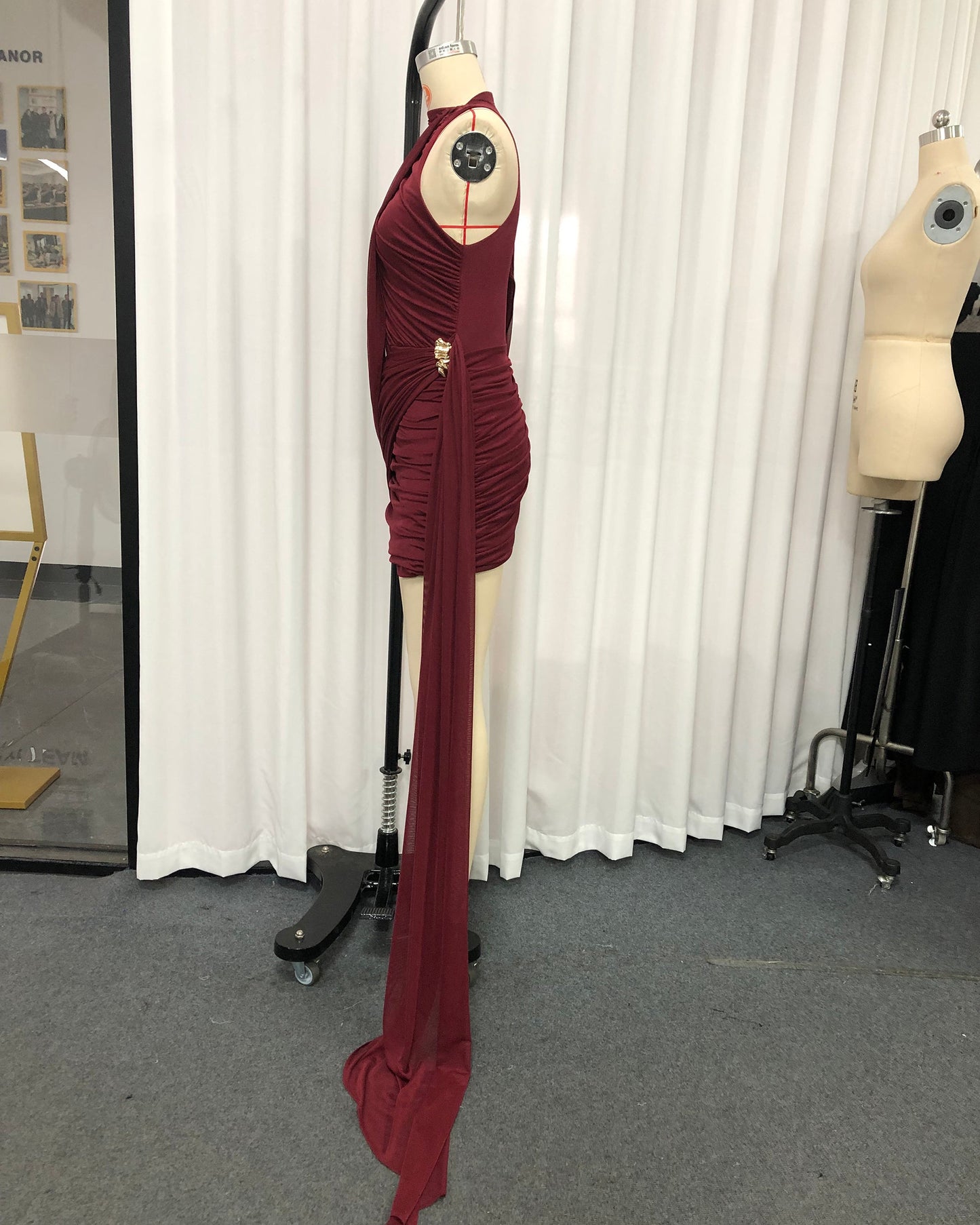 Burgundy One-Shoulder Draped Ruched Mini Dress