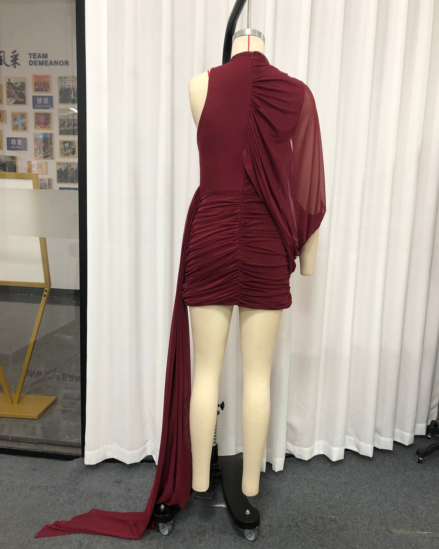 Burgundy One-Shoulder Draped Ruched Mini Dress
