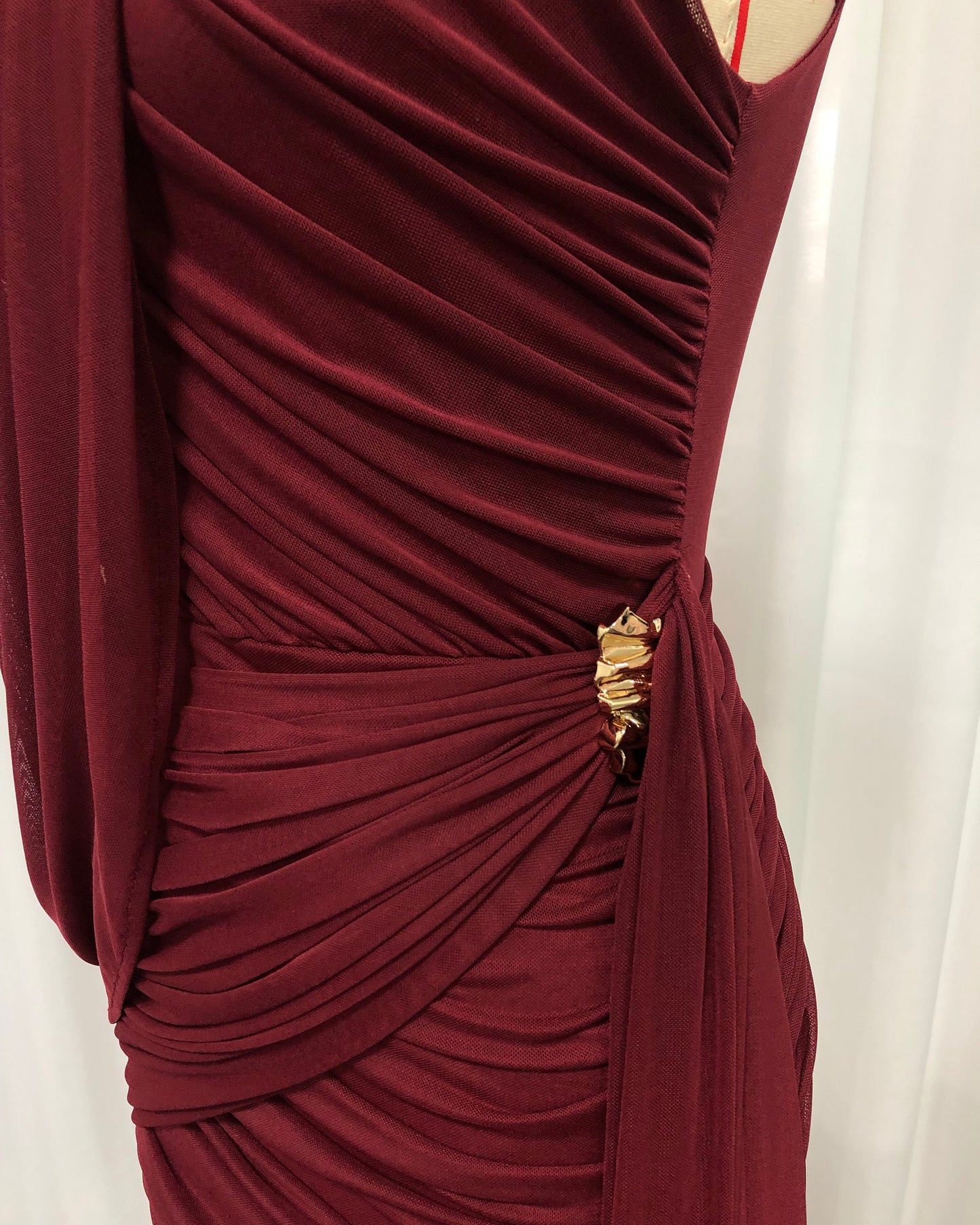 Burgundy One-Shoulder Draped Ruched Mini Dress