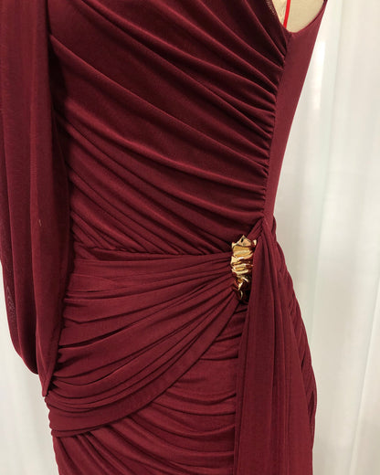 Burgundy One-Shoulder Draped Ruched Mini Dress