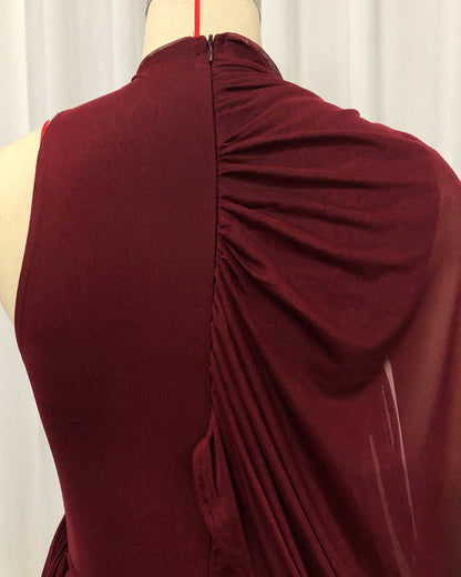 Burgundy One-Shoulder Draped Ruched Mini Dress