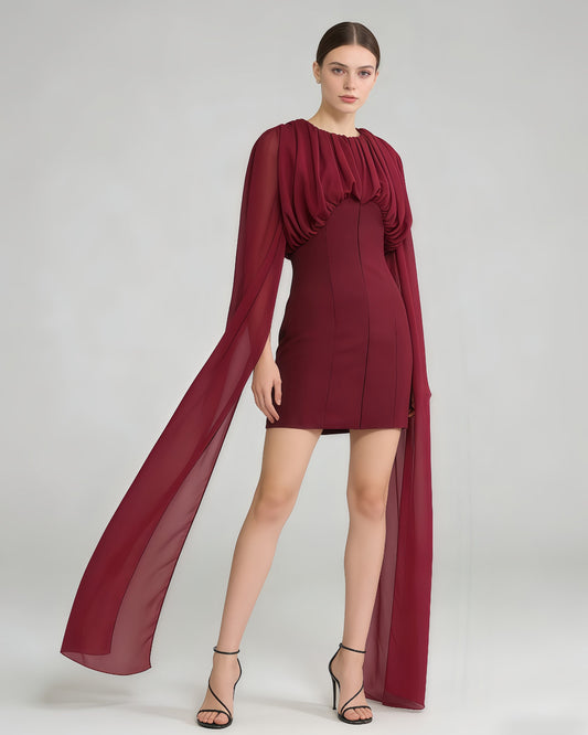 Leila Ruched Cape-Sleeve Mini Dress