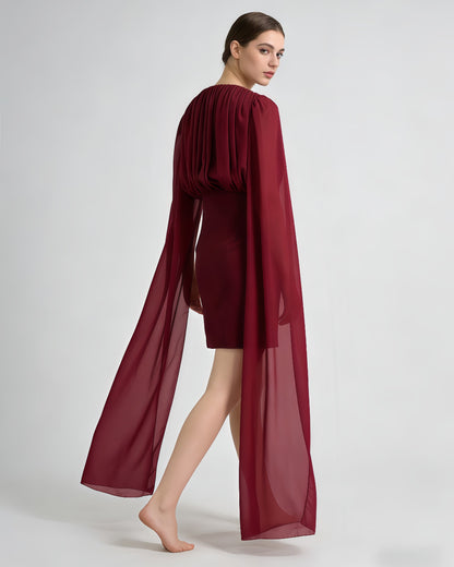 Leila Ruched Cape-Sleeve Mini Dress