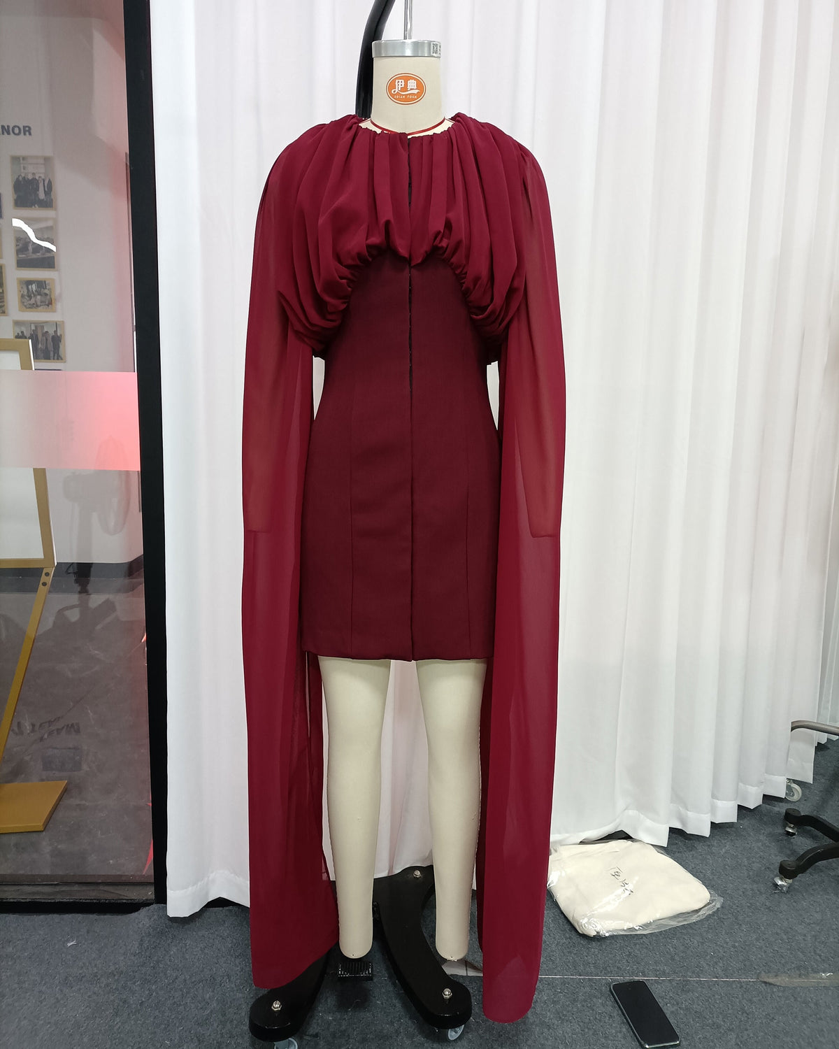 Leila Ruched Cape-Sleeve Mini Dress
