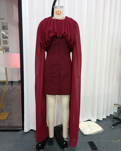 Leila Ruched Cape-Sleeve Mini Dress