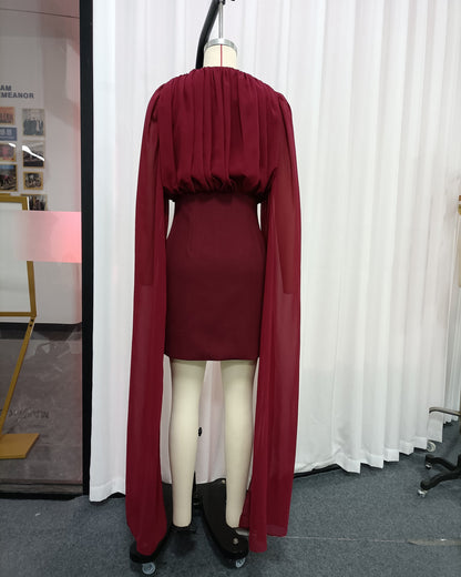 Leila Ruched Cape-Sleeve Mini Dress
