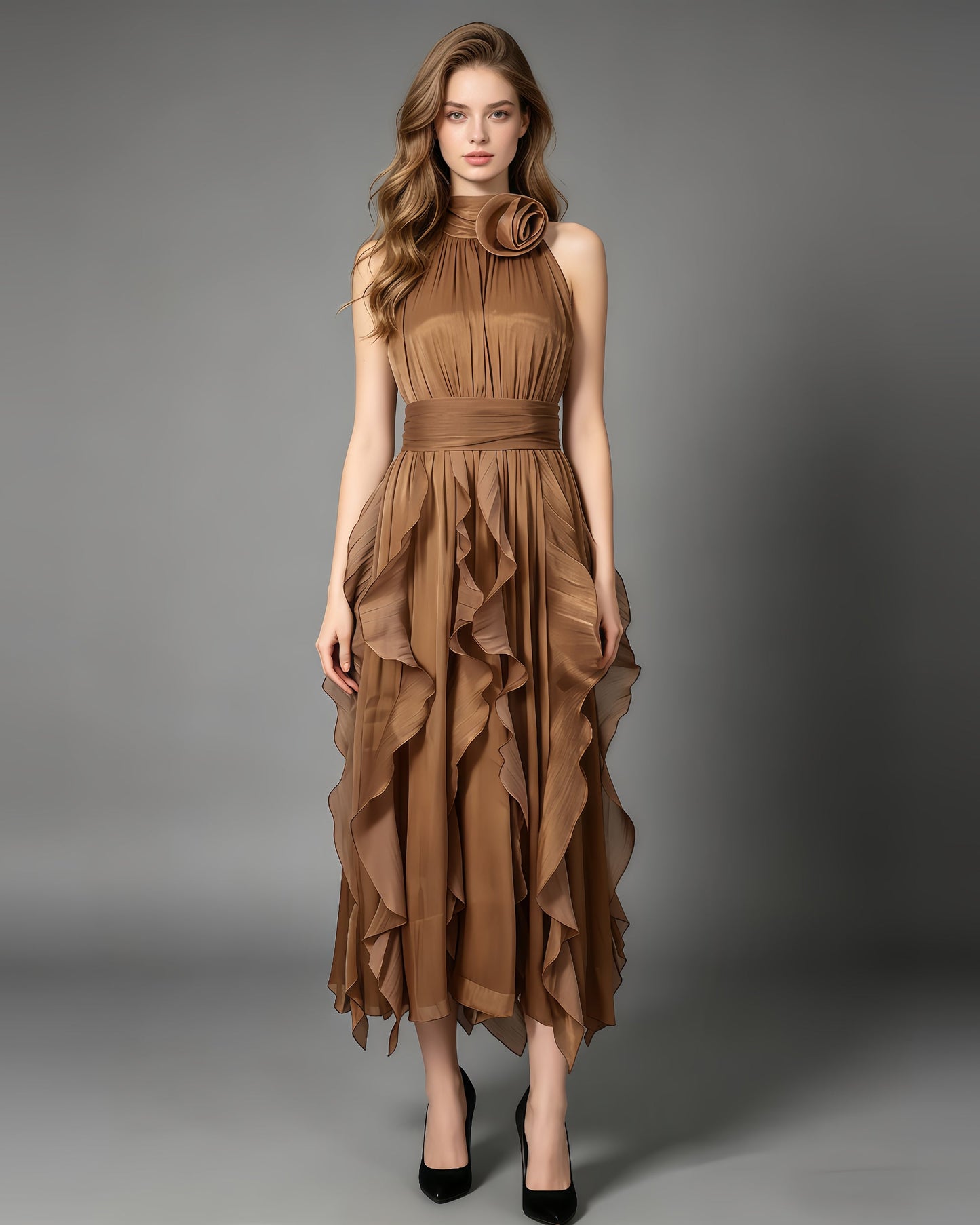 Coffee Halter Neck Ruffle Midi Dress