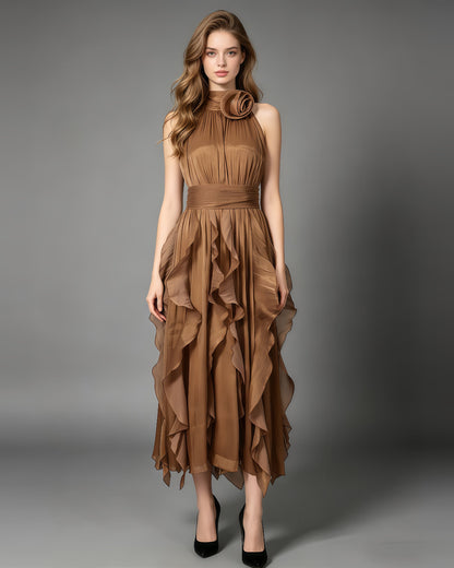 Coffee Halter Neck Ruffle Midi Dress