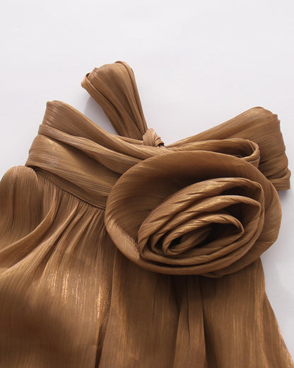 Coffee Halter Neck Ruffle Midi Dress