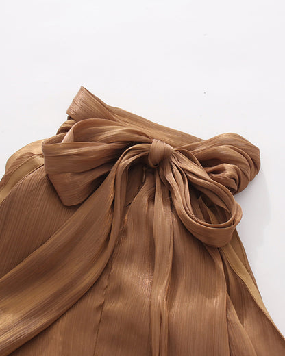 Coffee Halter Neck Ruffle Midi Dress
