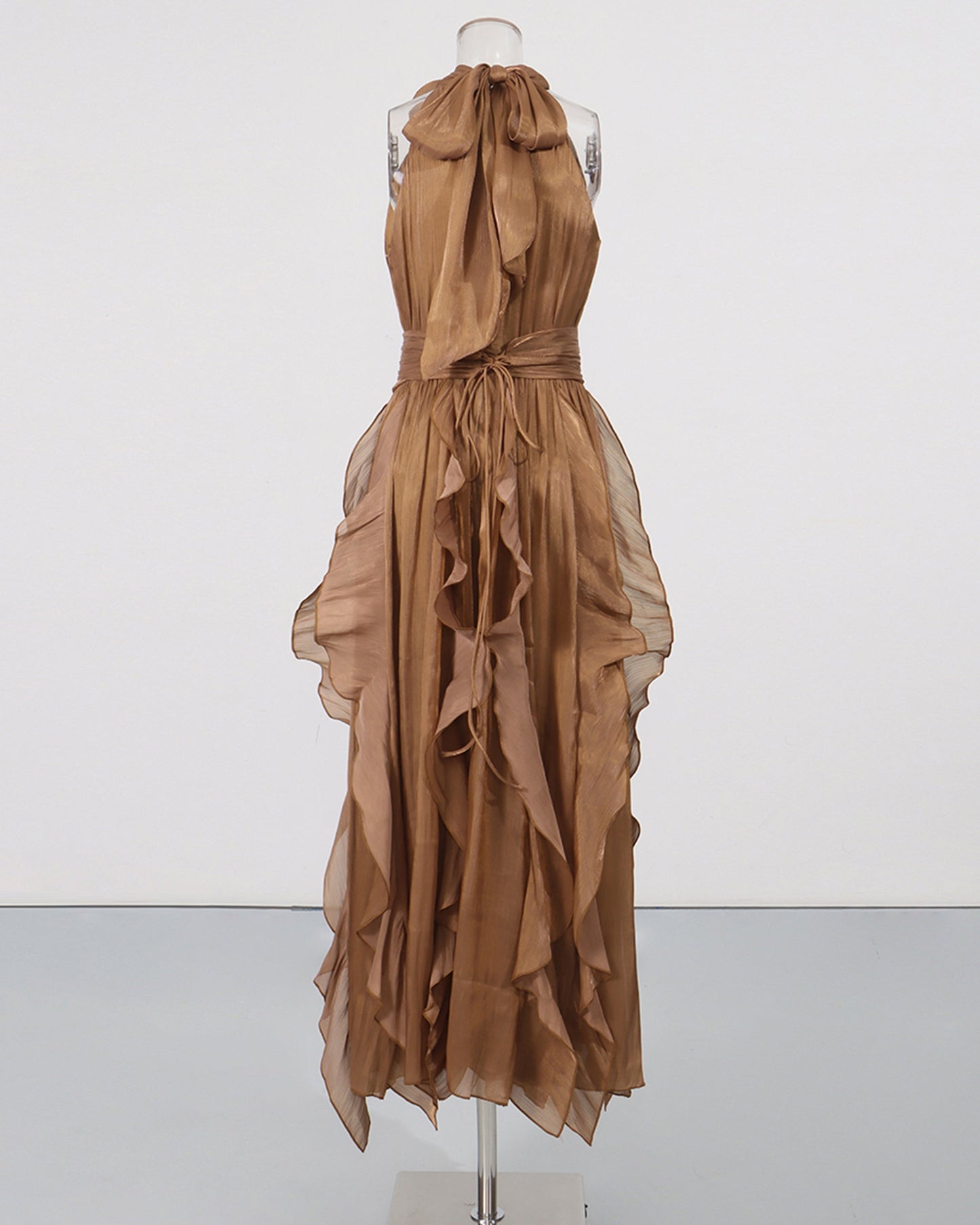 Coffee Halter Neck Ruffle Midi Dress