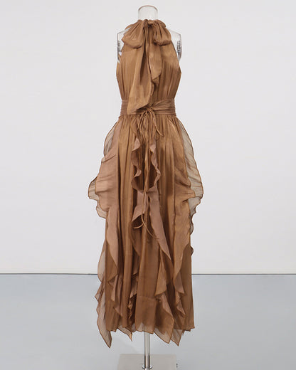 Coffee Halter Neck Ruffle Midi Dress