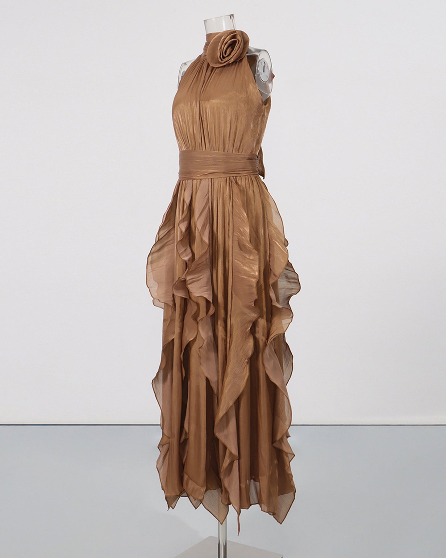 Coffee Halter Neck Ruffle Midi Dress