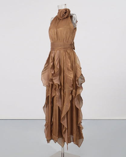 Coffee Halter Neck Ruffle Midi Dress
