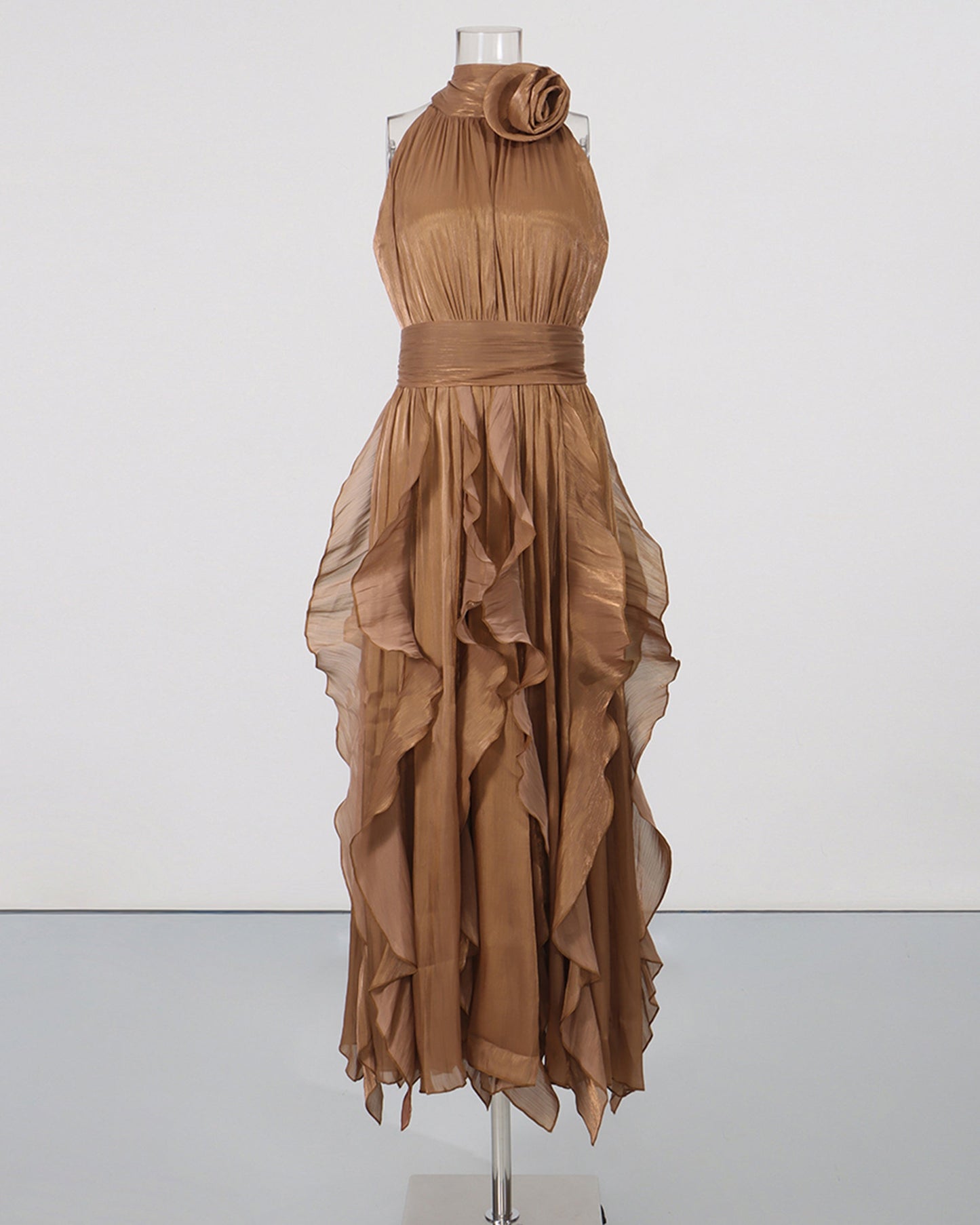 Coffee Halter Neck Ruffle Midi Dress
