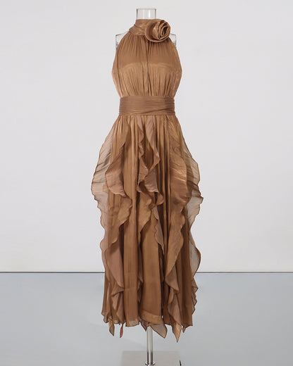 Coffee Halter Neck Ruffle Midi Dress