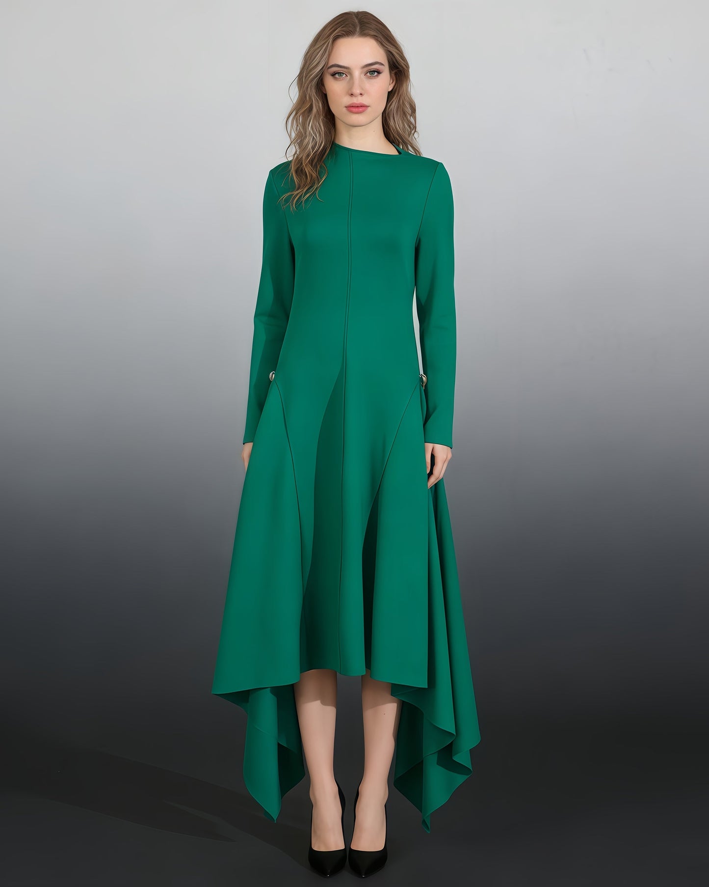 Green Asymmetric Hem Dress with Side Ring