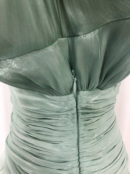 Green Shimmer Puff Sleeve Ruffled Mini Dress