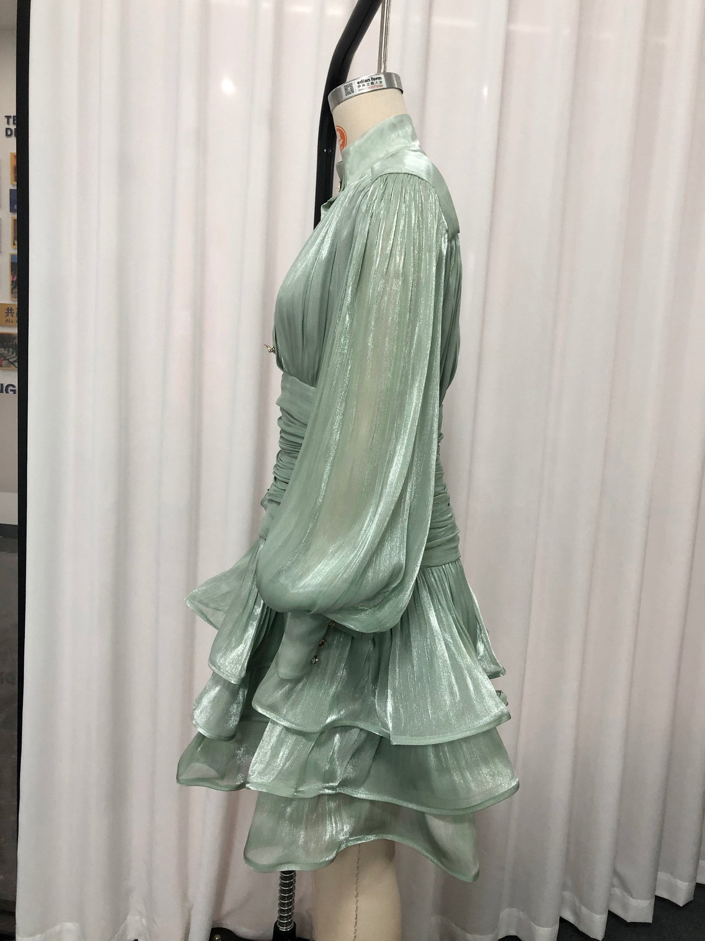 Green Shimmer Puff Sleeve Ruffled Mini Dress
