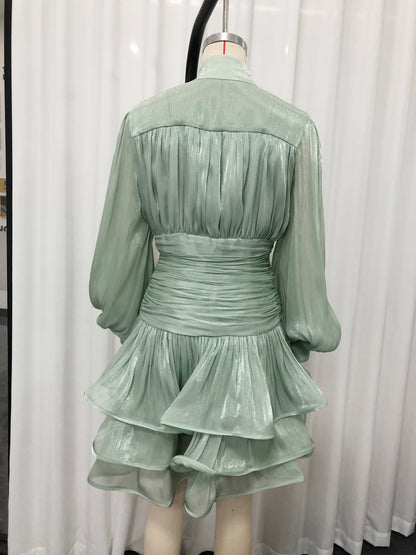 Green Shimmer Puff Sleeve Ruffled Mini Dress