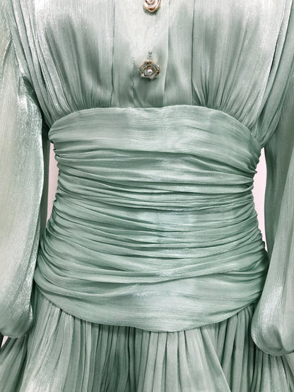 Green Shimmer Puff Sleeve Ruffled Mini Dress