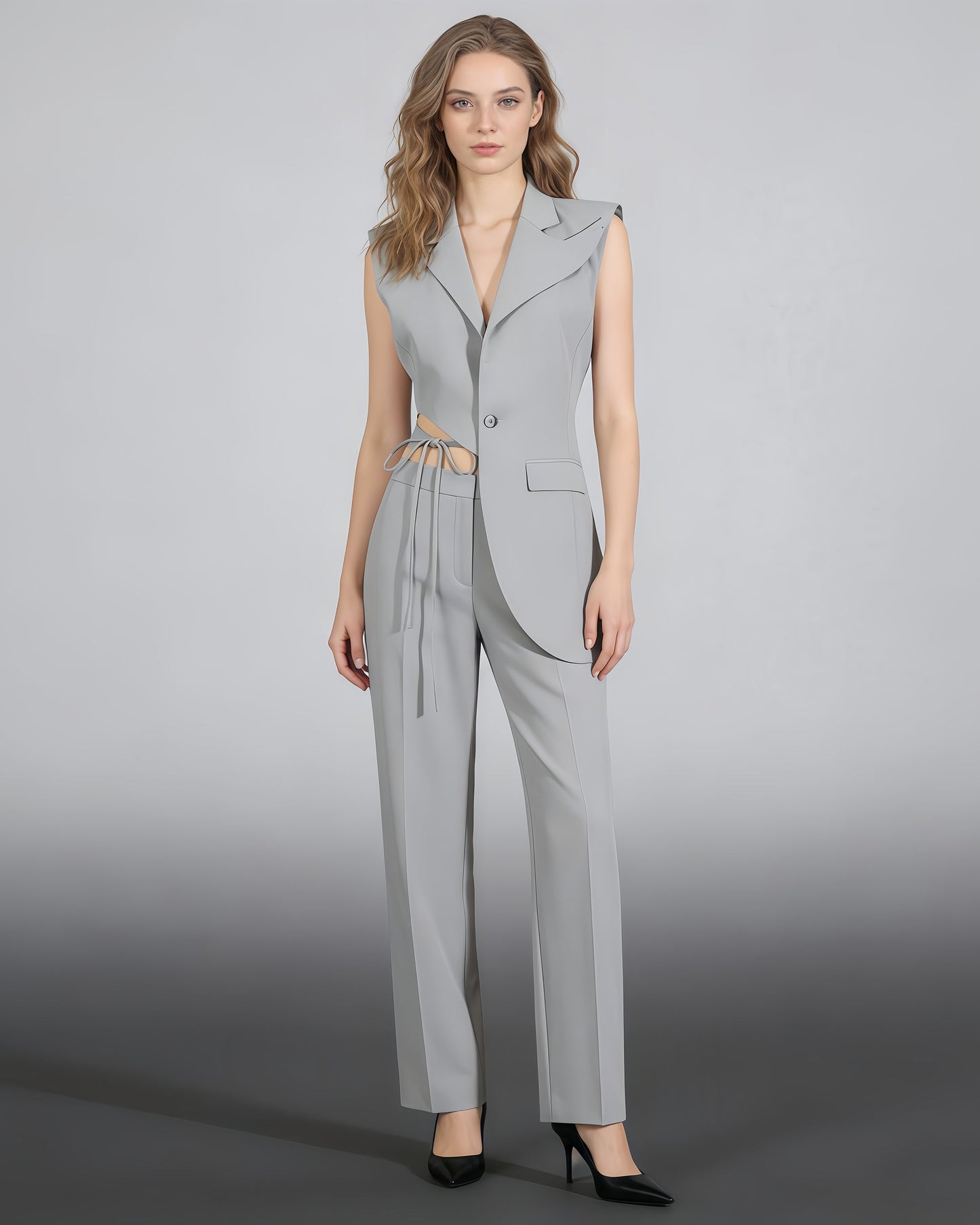 Grey Asymmetrical Cutout Waist Vest Blazer