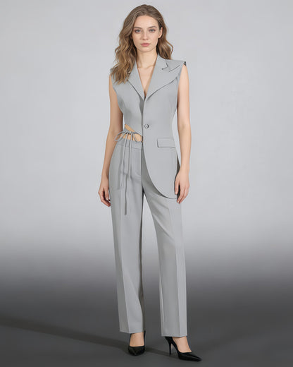 Grey Asymmetrical Cutout Waist Vest Blazer