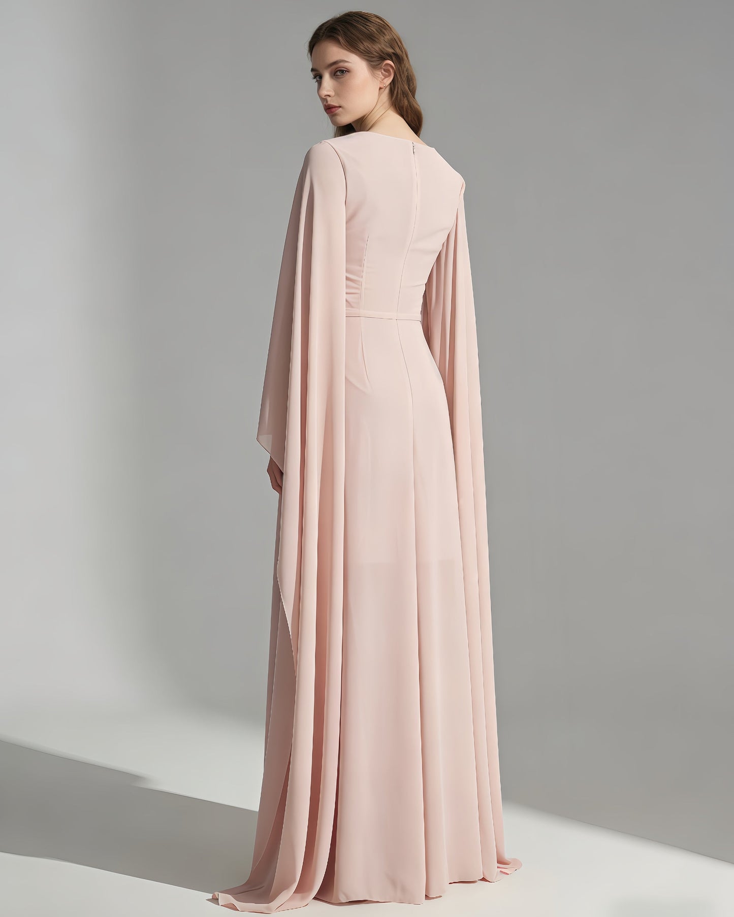 Pink Ruched Waist Long Sleeve Formal Maxi Dress