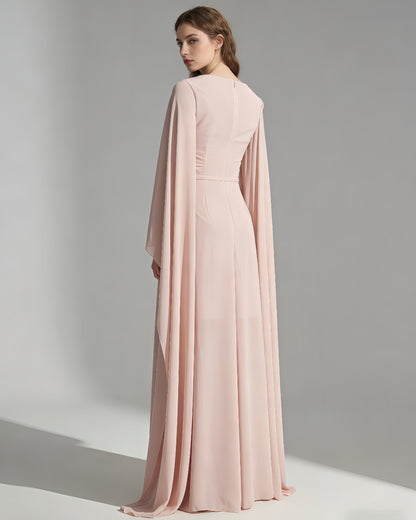 Pink Ruched Waist Long Sleeve Formal Maxi Dress