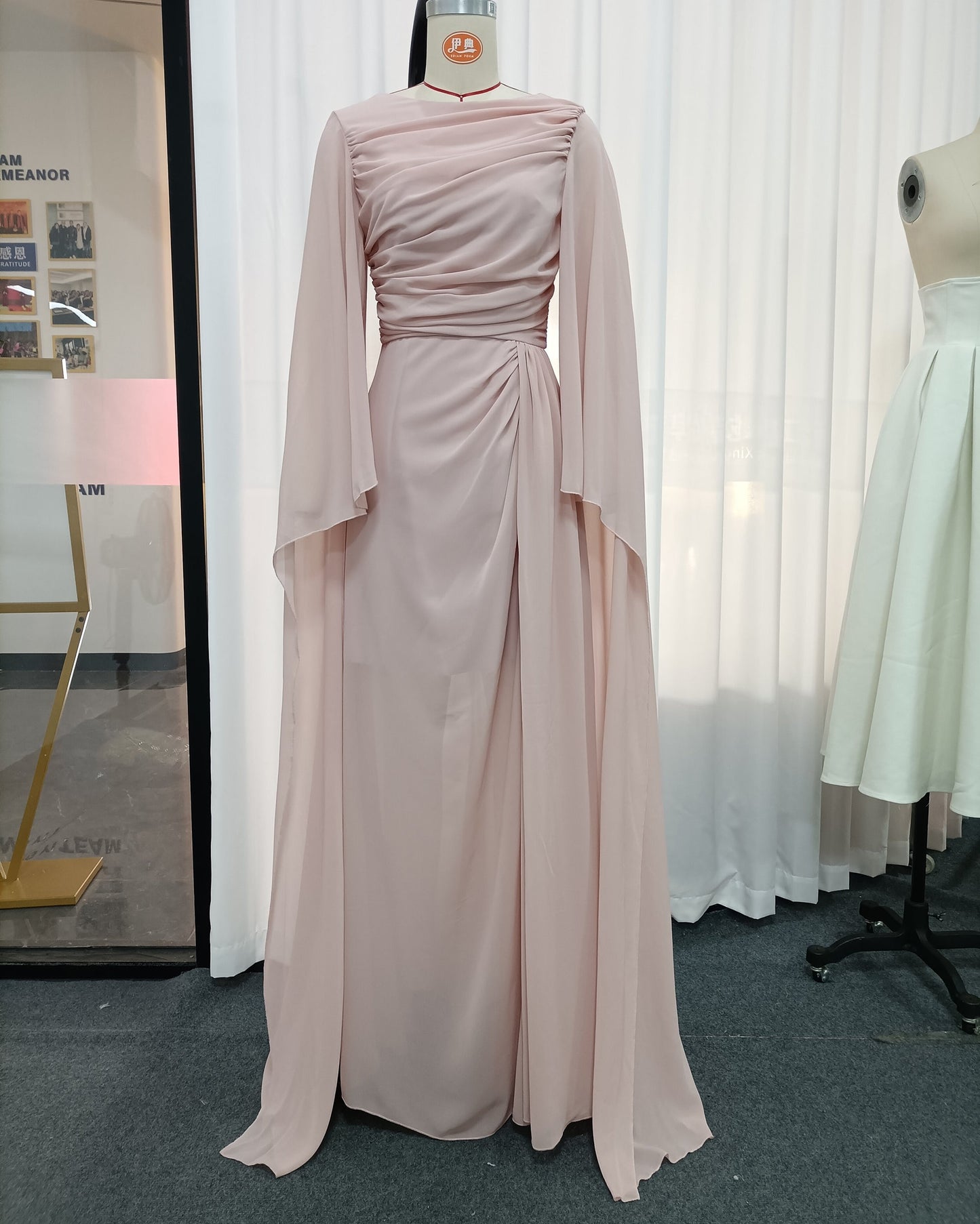 Pink Ruched Waist Long Sleeve Formal Maxi Dress