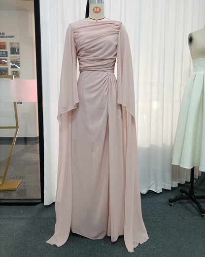 Pink Ruched Waist Long Sleeve Formal Maxi Dress