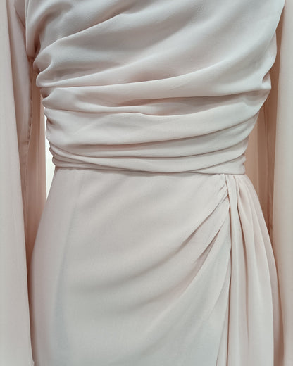Pink Ruched Waist Long Sleeve Formal Maxi Dress