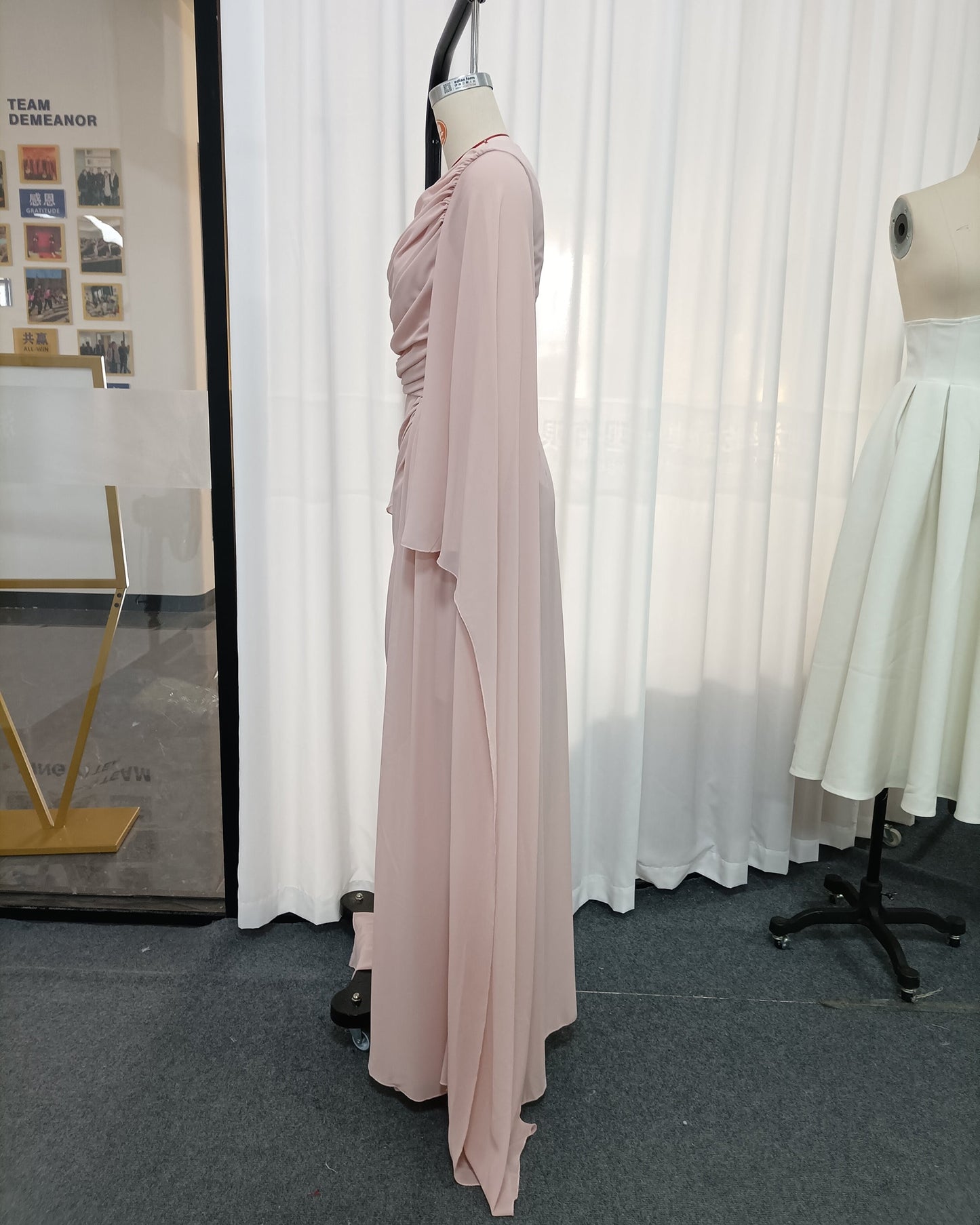 Pink Ruched Waist Long Sleeve Formal Maxi Dress
