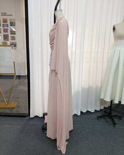 Pink Ruched Waist Long Sleeve Formal Maxi Dress