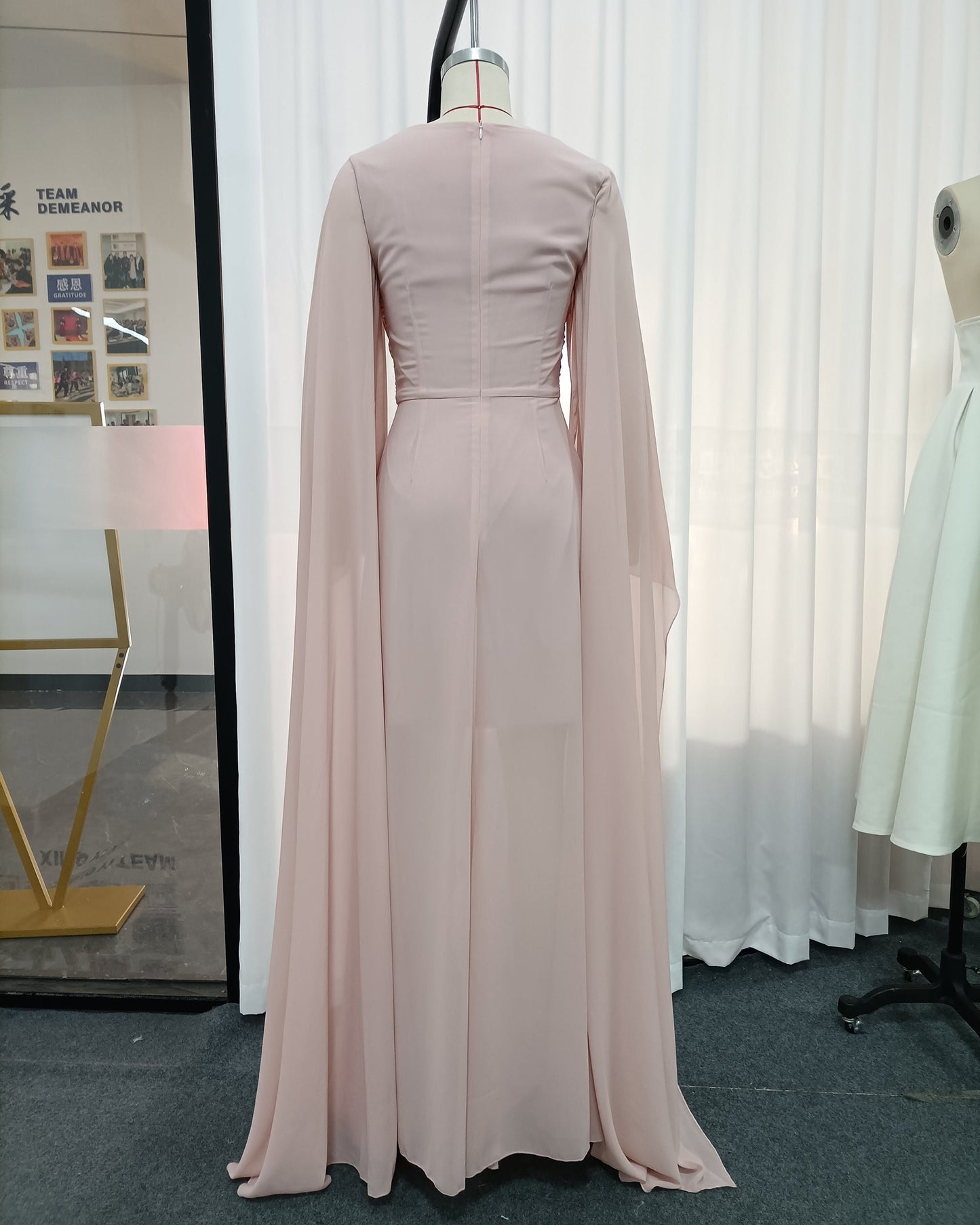 Pink Ruched Waist Long Sleeve Formal Maxi Dress