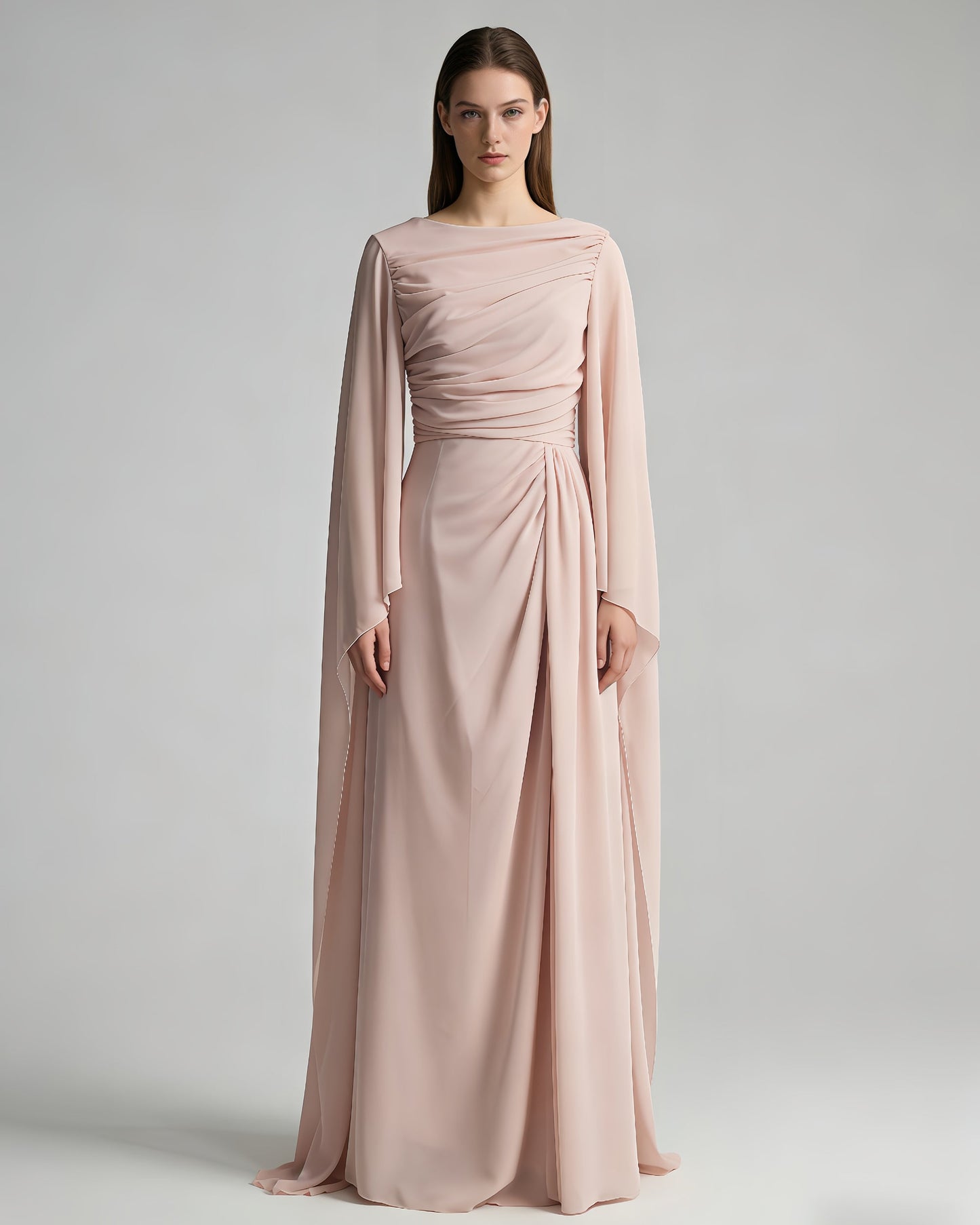 Pink Ruched Waist Long Sleeve Formal Maxi Dress