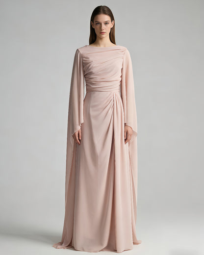 Pink Ruched Waist Long Sleeve Formal Maxi Dress