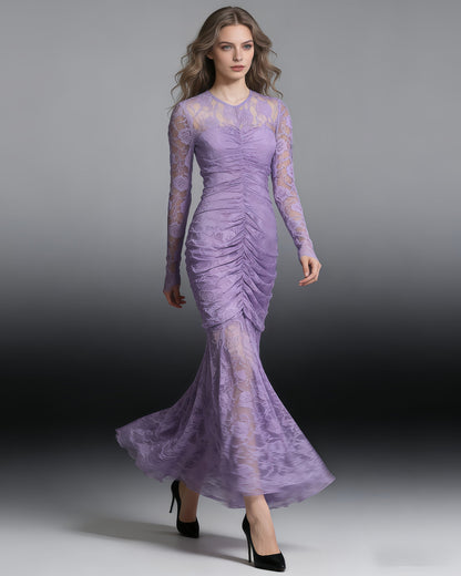 Purple Lace Ruched Mermaid Gown