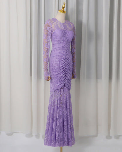Purple Lace Ruched Mermaid Gown