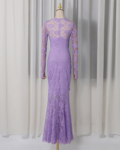 Purple Lace Ruched Mermaid Gown