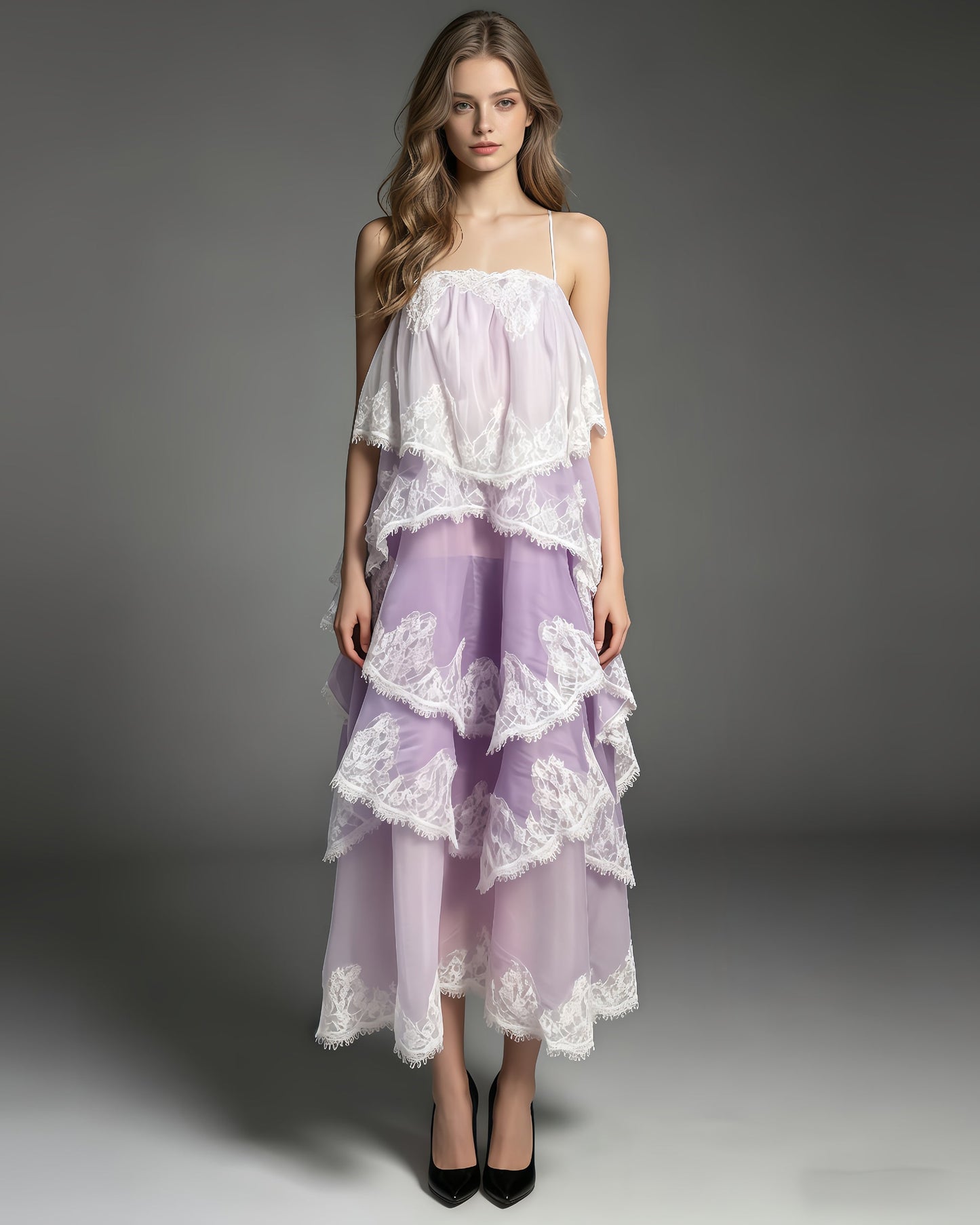 Purple Ombre Lace Tiered Midi Dress